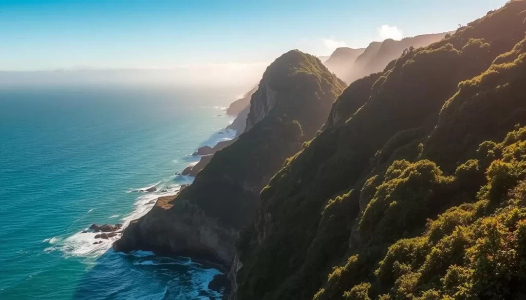 A stunning coastal landscape, with rugged cliffs jutting into the vast Pacific Ocean. Lush, verdant foliage clings to the slopes, contrasting with the deep azure waters. Warm sunlight bathes the scene, casting a golden glow over the tranquil waves lapping against the shore. In the distance, a hint of fog obscures the horizon, creating an atmospheric, almost ethereal ambiance. A serene, contemplative mood pervades the scene, inviting the viewer to immerse themselves in the beauty of the Pacific Coast's climate.