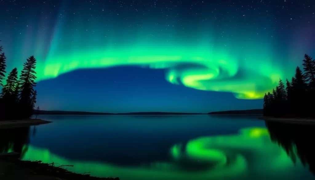 A stunning display of the northern lights dancing across the night sky over the pristine waters of Great Slave Lake. The vibrant green and purple hues of the aurora borealis are reflected in the calm, mirror-like surface, creating a breathtaking scene. In the foreground, the silhouettes of tall, majestic pine trees line the lakeshore, adding to the serene and peaceful atmosphere. The background is a deep, inky blue sky, dotted with twinkling stars that complement the mesmerizing display above. This image captures the best time to visit Great Slave Lake, when the natural wonder of the northern lights can be witnessed in all its glory.