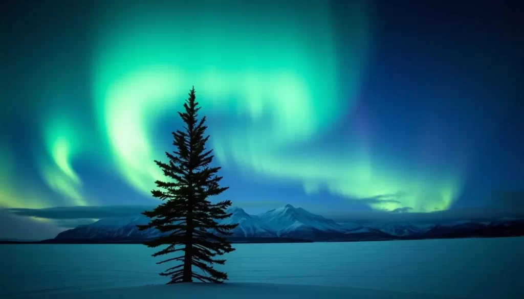 A stunning display of the northern lights illuminates the night sky over the Northwest Territories, Canada. The ethereal green and purple hues dance gracefully, casting a mesmerizing glow across the vast, snow-capped landscape. In the foreground, a lone pine tree stands tall, its silhouette framing the celestial spectacle. The middle ground features a frozen lake, its surface reflecting the captivating light show above. In the distance, the rugged mountains rise, their peaks partially obscured by wispy clouds. This serene, weather-savvy scene captures the breathtaking beauty of the Northwest Territories during the prime northern lights viewing season.