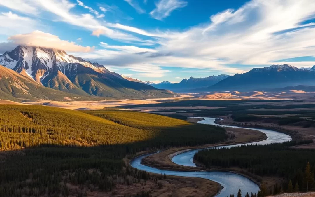 A stunning landscape in Alberta, Canada, showcasing the region's diverse and dramatic weather. Towering mountains rise majestically in the background, their snow-capped peaks glistening under the warm, golden sunlight. In the middle ground, rolling hills and lush forests create a serene, picturesque scene. In the foreground, a winding river snakes through the landscape, its calm waters reflecting the clear, azure sky. Wispy clouds drift overhead, casting gentle shadows on the terrain below. The overall mood is one of tranquility and natural beauty, perfectly capturing the essence of Alberta's weather-savvy appeal.