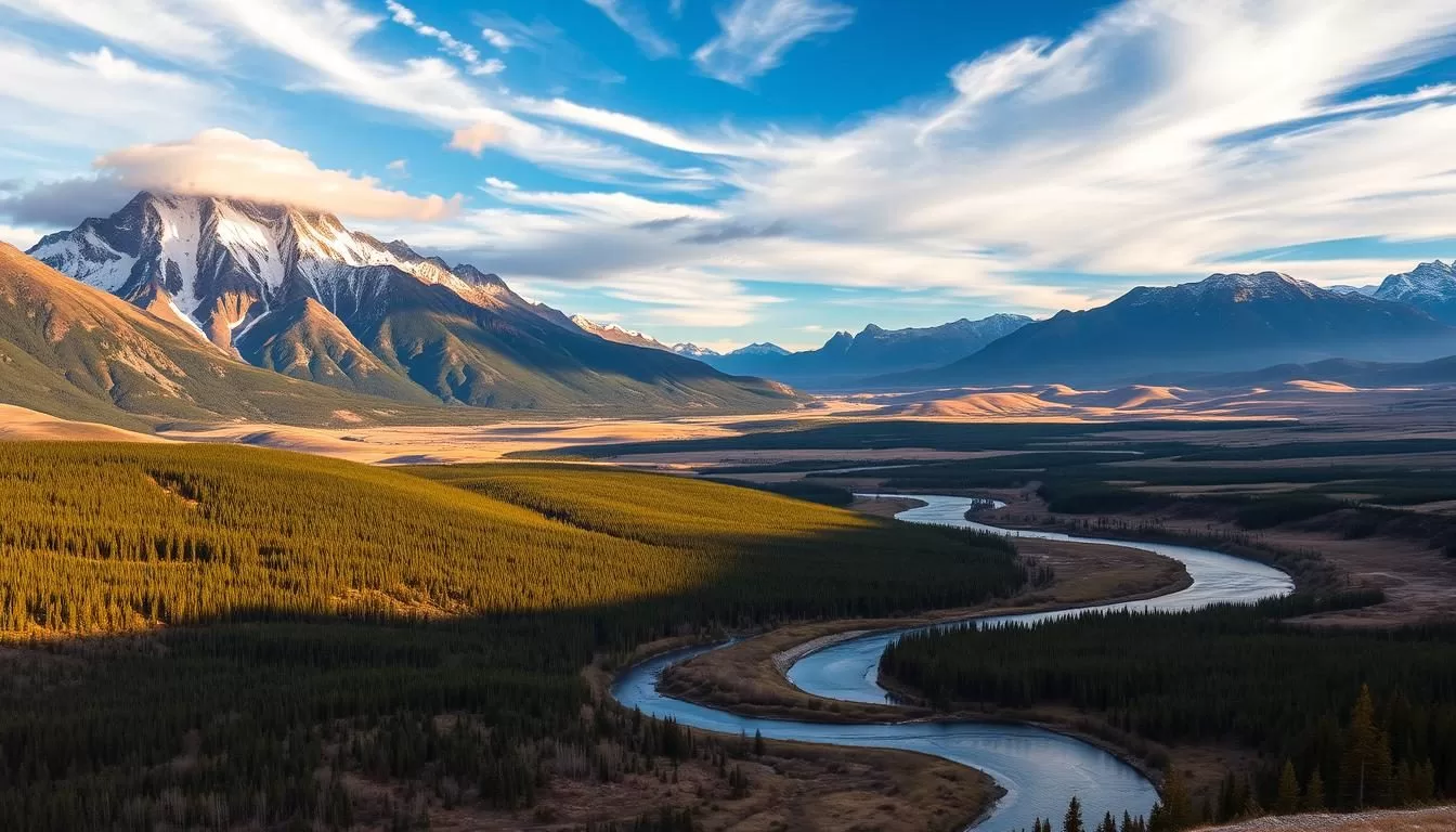 A stunning landscape in Alberta, Canada, showcasing the region's diverse and dramatic weather. Towering mountains rise majestically in the background, their snow-capped peaks glistening under the warm, golden sunlight. In the middle ground, rolling hills and lush forests create a serene, picturesque scene. In the foreground, a winding river snakes through the landscape, its calm waters reflecting the clear, azure sky. Wispy clouds drift overhead, casting gentle shadows on the terrain below. The overall mood is one of tranquility and natural beauty, perfectly capturing the essence of Alberta's weather-savvy appeal.