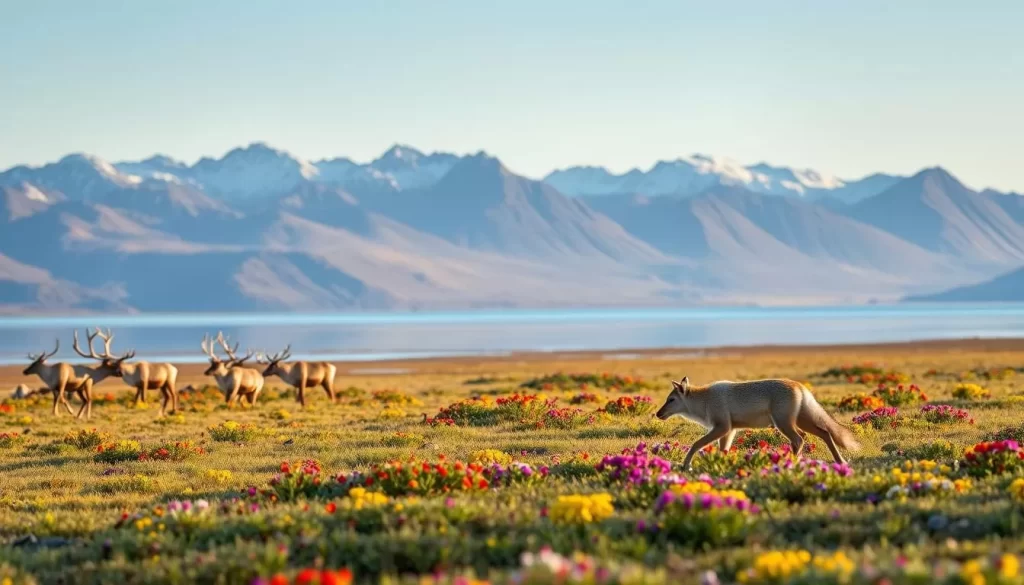 A stunning landscape in Katannilik Territorial Park, Nunavut, Canada. In the foreground, a herd of caribou gracefully roams the tundra, their antlers reaching towards the clear sky. In the middle ground, a majestic arctic fox trots through the vibrant wildflowers, its fur shimmering in the soft, natural light. In the background, rugged mountains rise up, their snow-capped peaks reflected in a tranquil lake. The scene exudes a sense of peaceful coexistence, capturing the essence of the diverse wildlife thriving in this breathtaking Arctic environment.