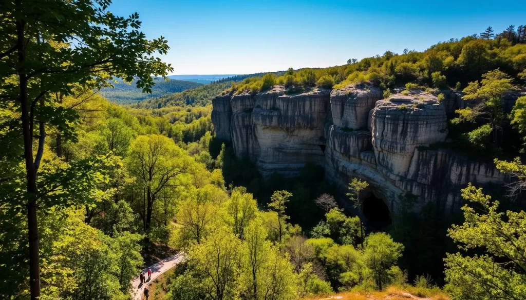 A stunning landscape of Maquoketa Caves State Park, Iowa. A dense, lush forest with towering rock formations and natural cave entrances. Sunlight filters through the canopy, casting a warm, golden glow over the scene. In the foreground, a winding trail leads visitors towards the inviting cave openings. The middle ground showcases the dramatic, weathered limestone cliffs, their intricate textures and shadows creating a sense of depth. The background features rolling hills and a clear blue sky, completing the serene, picturesque setting. Capture the natural beauty and adventurous spirit of this enchanting destination.