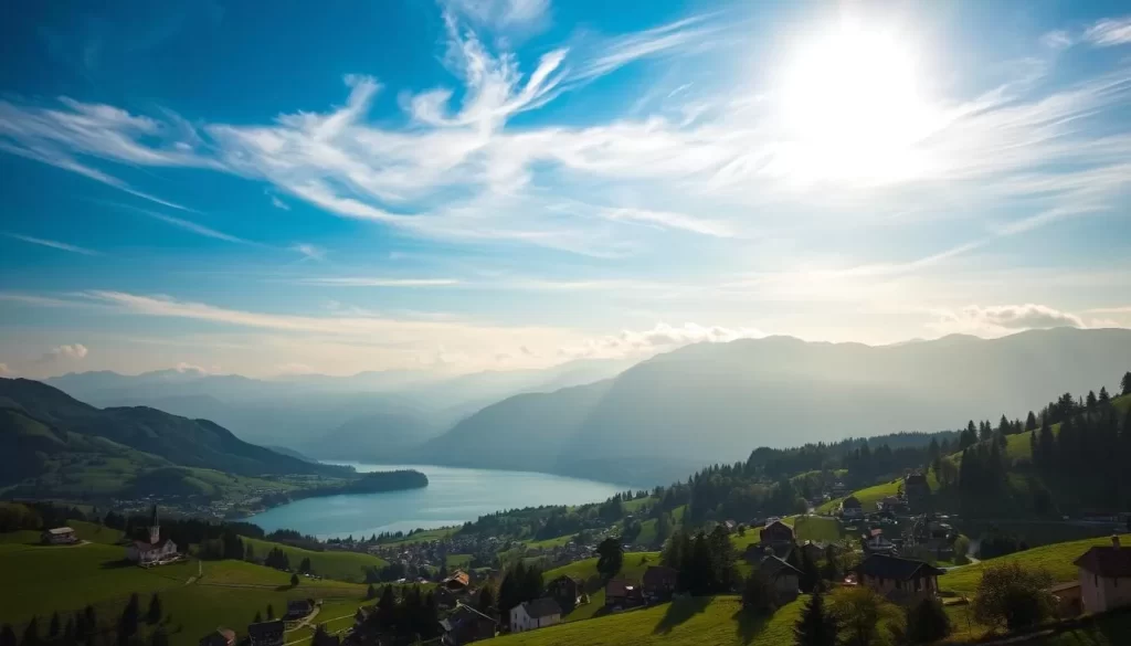 A stunning landscape of Slovenia's diverse weather conditions, captured under a bright, sun-dappled sky. In the foreground, rolling green hills dotted with picturesque villages, their traditional red-roofed houses and church steeples peeking out. In the middle ground, a tranquil lake or river, its surface gently rippled by a soft breeze. In the background, majestic snow-capped peaks of the Julian Alps, their rugged grandeur framed by wispy, luminous clouds. The scene exudes a sense of serenity and adventure, inviting the viewer to immerse themselves in the natural beauty and unpredictable charm of Slovenia's weather-centric outdoor splendor.
