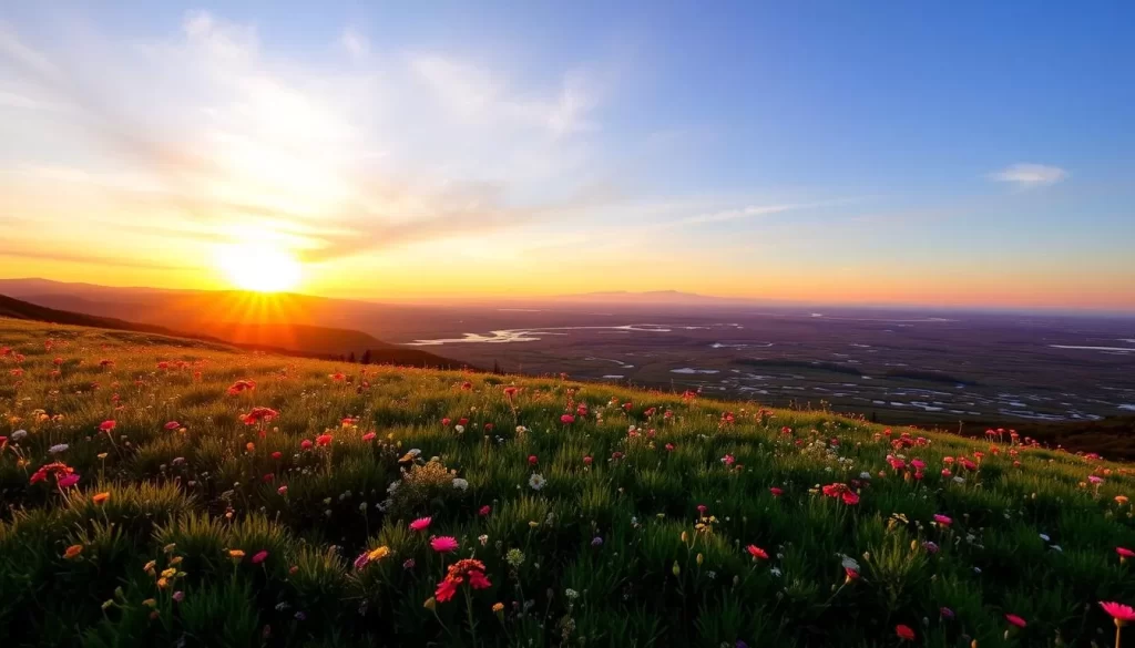 A stunning landscape of the Hosooka Viewpoint in Kushiro Shitsugen National Park, Japan, captured during a breathtaking sunset. The foreground features a lush, verdant meadow dotted with vibrant wildflowers, leading the eye towards a panoramic view of the park's wetlands and distant mountains. The sky is ablaze with a warm, golden glow, casting a soft, dreamy light across the scene. The composition emphasizes the serene, serene atmosphere, drawing the viewer in to appreciate the natural beauty of this picturesque location. Captured with a wide-angle lens, this image conveys the grandeur and tranquility of this top scenic viewpoint within the Kushiro Shitsugen National Park.