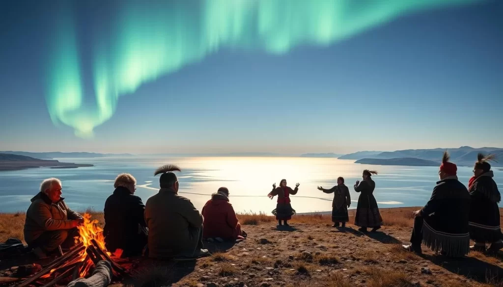 A stunning landscape of the Northwest Territories, showcasing the vibrant cultural traditions of the Indigenous people. In the foreground, a group of elders gather around a crackling fire, sharing stories and passing down their ancestral knowledge. In the middle ground, a family participates in a ceremonial dance, their traditional regalia swaying gracefully. The background features a breathtaking view of the Great Slave Lake, its glimmering waters reflecting the majestic northern lights above. Soft, warm lighting casts a serene glow over the scene, capturing the essence of the Indigenous cultural experience. The image conveys a sense of reverence, community, and deep connection to the land.