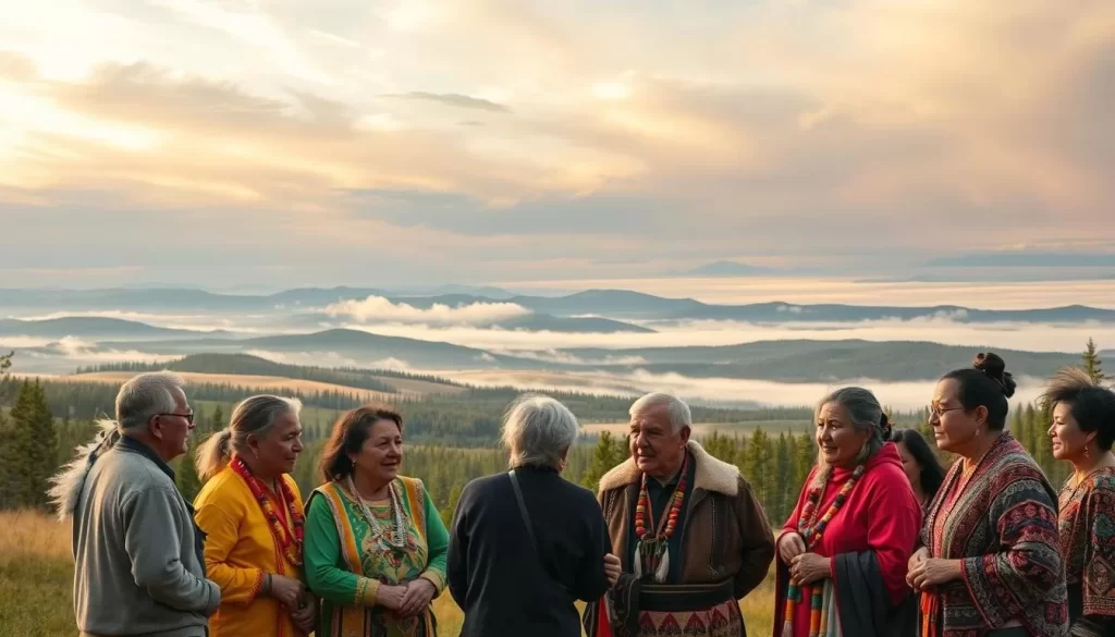A stunning landscape showcasing the diversity of Indigenous languages in Alberta, Canada. In the foreground, a group of Indigenous elders and community members engage in a vibrant, animated conversation, their traditional garments and jewelry reflecting the rich cultural heritage. In the middle ground, a backdrop of rolling hills and forests, with wisps of mist drifting through the trees. The sky above is a magnificent blend of warm hues, bathing the scene in a soft, golden light. The overall atmosphere conveys a sense of connection, tradition, and the enduring spirit of the Indigenous people of this region. Captured with a wide-angle lens and natural lighting to immerse the viewer in the captivating setting.