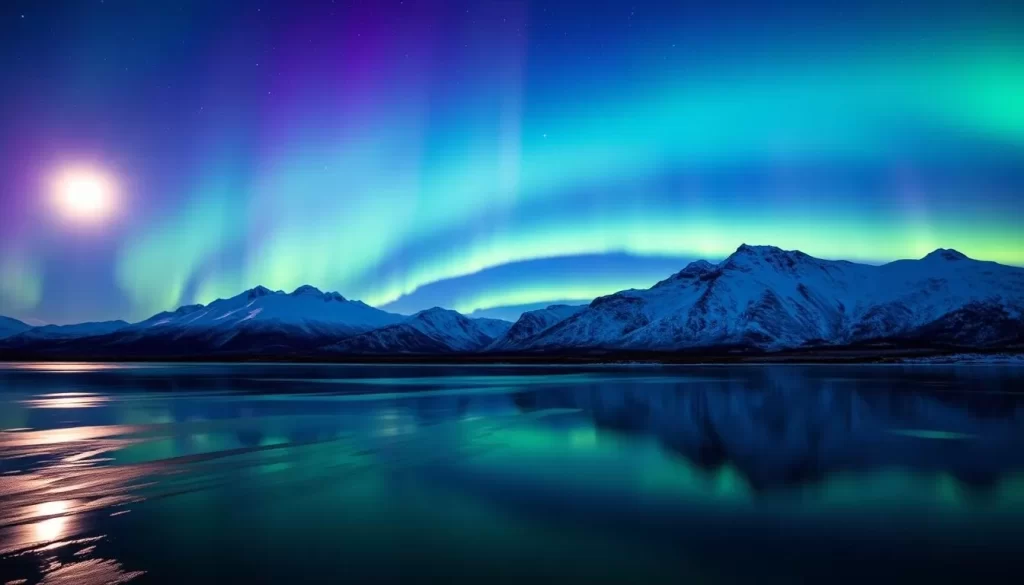A stunning nighttime scene of the Mackenzie Mountains in Northwest Territories, Canada. The aurora borealis dances across the sky in a mesmerizing display of vibrant green, purple, and blue hues. In the foreground, a serene lake reflects the ethereal light, creating a magical, mirror-like effect. The snow-capped peaks of the mountains rise majestically in the background, adding depth and grandeur to the composition. The scene is illuminated by a full moon, casting a soft, ethereal glow over the landscape. The atmosphere is one of tranquility and wonder, capturing the beauty and splendor of the Canadian North during the winter months.