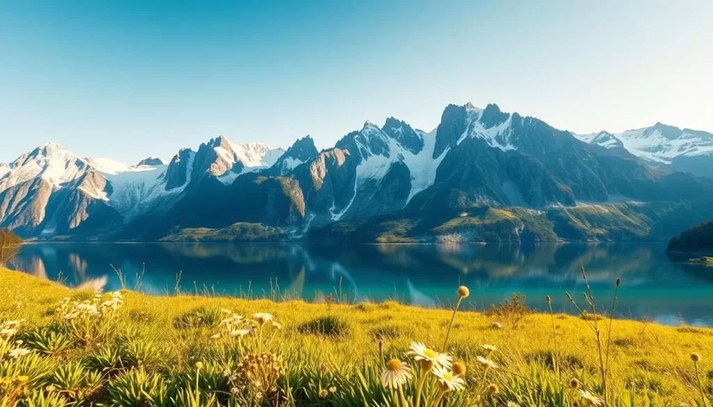 A stunning panoramic view of the majestic Julian Alps, their snow-capped peaks rising majestically against a crisp blue sky. In the foreground, a lush green meadow dotted with wildflowers sways gently in the breeze. In the middle ground, a clear, pristine alpine lake reflects the rugged mountains, creating a serene and mirror-like surface. The background features the towering, jagged peaks of the Julian Alps, their craggy slopes casting dramatic shadows across the landscape. The scene is bathed in warm, golden sunlight, creating a sense of tranquility and natural beauty. Captured with a wide-angle lens to showcase the grandeur of the alpine landscape.
