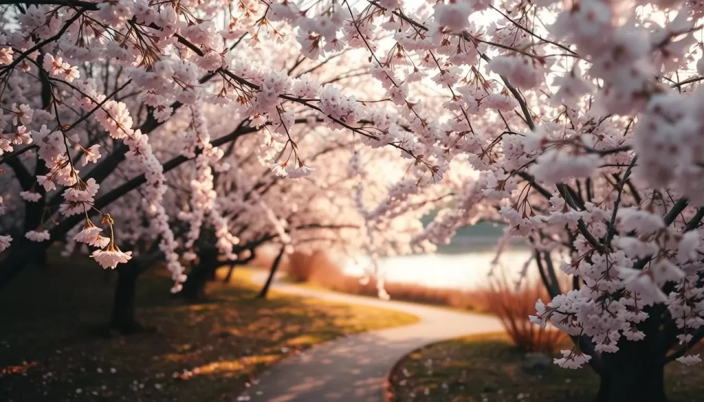 A stunning scene of cherry blossoms in full bloom, capturing the essence of spring in Yamaguchi City, Japan. The delicate, pale pink petals cascade gracefully from the branches, creating a serene and ethereal atmosphere. The soft, diffused lighting filters through the canopy, casting a warm, golden glow and accentuating the vibrant colors. In the foreground, a winding path leads the viewer through the enchanting landscape, inviting exploration and appreciation of the natural beauty. The background features a tranquil pond, its still waters reflecting the delicate blossoms, further enhancing the sense of harmony and tranquility. This idyllic scene perfectly encapsulates the best things to do in Yamaguchi City during the springtime.