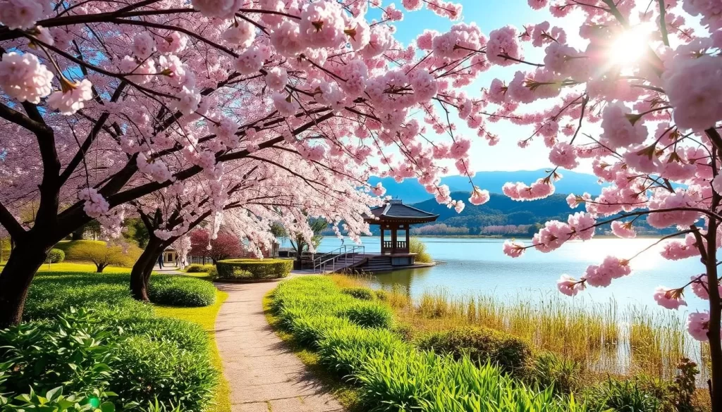 A stunning spring scene in Kōchi Prefecture, Japan. A lush canopy of delicate pink cherry blossoms frames a peaceful garden path, leading the eye towards a traditional wooden pavilion in the distance. Soft, dappled sunlight filters through the blossoms, casting a warm, serene glow over the entire scene. The tranquil pond reflects the blossoms, creating a sense of balance and harmony. The foreground is filled with vibrant greenery, while the background features rolling hills and a clear, azure sky. This idyllic landscape captures the essence of a beautiful spring day in the Kōchi region.