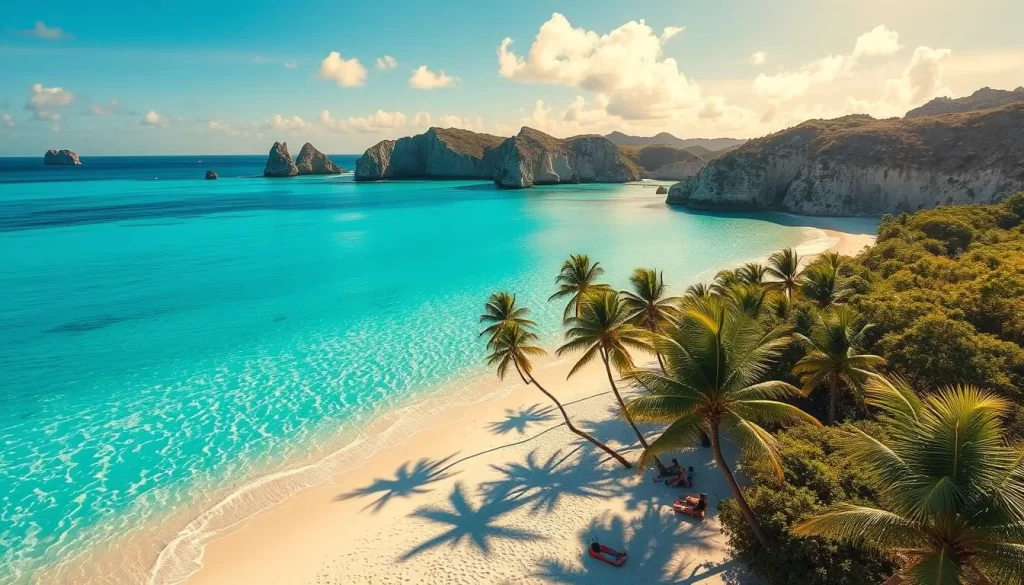A stunning stretch of pristine white sand, lapped by turquoise waters that shimmer under the warm, golden sun. Lush, verdant palms sway gently in the ocean breeze, casting playful shadows across the idyllic beach. In the distance, rugged, picturesque cliffs rise up, their weathered faces reflecting the vibrant hues of the sky. Beachgoers dotted along the shore, relaxing and taking in the serene, paradisiacal atmosphere. The scene is captured through a wide-angle lens, highlighting the sweeping grandeur of this hidden gem of the Miyako Islands. An enchanting, postcard-perfect vision of Japan's tropical wonder.