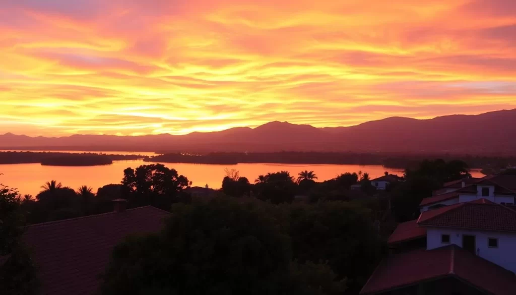 A stunning sunset over the picturesque town of Flores, Guatemala. The sky ablaze with vibrant hues of orange, pink, and purple, reflecting on the still waters of Lake Petén Itzá. In the foreground, the charming colonial architecture of Flores stands in silhouette, its red-tiled roofs and cobblestone streets creating a quaint and authentic atmosphere. The middle ground features lush, verdant foliage framing the scene, while the distant hills and mountains provide a dramatic backdrop, shrouded in the warm, golden light of the setting sun. Capture the tranquil, serene mood of this idyllic destination, where the natural beauty and historic charm of Flores come together in a breathtaking sunset view.