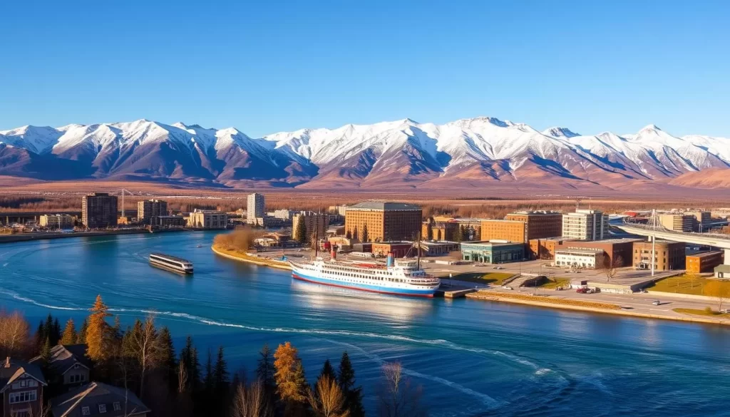 A stunning vista of Whitehorse, the vibrant capital of Yukon, Canada. In the foreground, the majestic Yukon River winds through the heart of the city, its turquoise waters reflecting the surrounding mountains. In the middle ground, a mix of modern and historic buildings stand tall, with the iconic S.S. Klondike sternwheeler ship anchored along the riverbank. The background is dominated by the Takhini River valley, its dramatic granite peaks capped with pristine snow, bathed in warm, golden sunlight. The scene conveys a sense of tranquility and natural wonder, inviting the viewer to explore this gateway to the magnificent Yukon wilderness.
