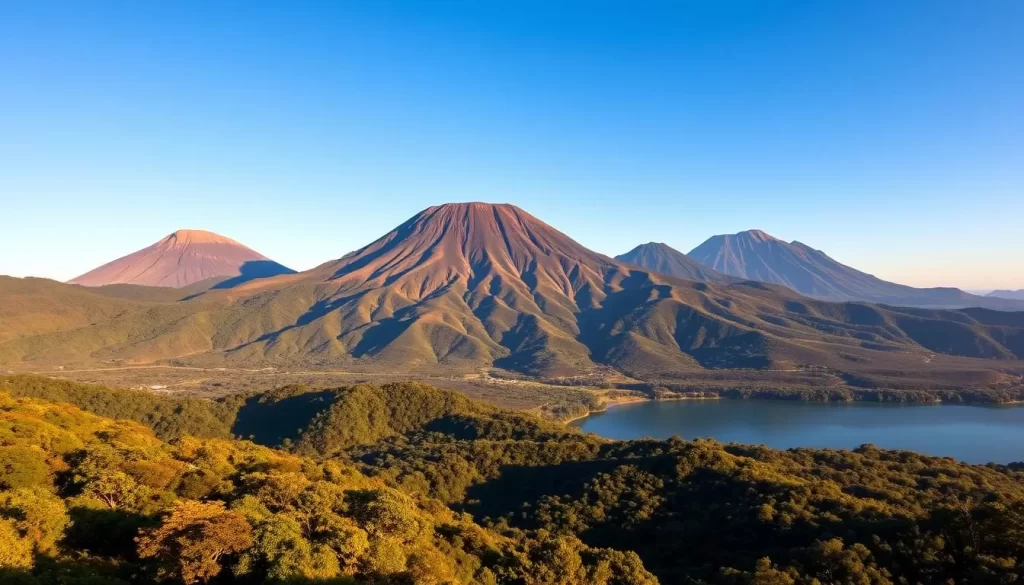 A stunning vista of the majestic Cerro Verde National Park in El Salvador, where three towering volcanoes - Cerro Verde, Cerro Chino, and Laguna Verde - rise majestically against a clear azure sky. Lush, verdant forests cloak the volcanic slopes, contrasting with the rugged, textured peaks that reach skyward. Warm, golden sunlight bathes the scene, casting dramatic shadows and highlighting the intricate geological formations. A serene lake reflects the volcanoes in its glassy surface, completing the awe-inspiring, natural panorama. Capture the captivating, untamed beauty of this volcanic paradise through a wide-angle lens, showcasing the park's breathtaking scale and grandeur.