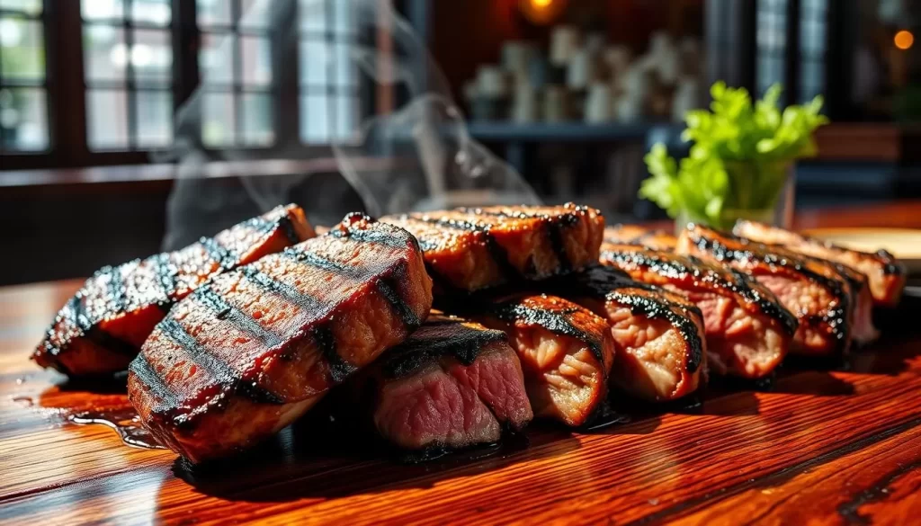 A succulent arrangement of perfectly grilled steaks, their edges licked by flames, nestled on a wood-grained table in a sunlit Chicago steakhouse. The seared, caramelized exteriors give way to tender, juicy interiors, a mouthwatering fusion of global influences. Elegant yet casual, the scene evokes the vibrant, diverse culinary landscape that has made Chicago's steakhouse scene internationally renowned. Dramatic chiaroscuro lighting accentuates the steaks' rich, dimensional textures, while a hint of greenery in the background suggests the restaurant's commitment to locally-sourced, seasonal ingredients.