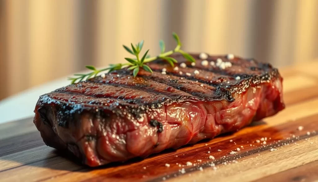 A succulent, perfectly-seared steak takes center stage, resting on a wooden cutting board. The rich, caramelized crust glistens under the warm, soft lighting, hinting at the tender, juicy interior. Crisp, fresh herbs and a sprinkle of coarse salt accent the steak, complementing its robust, savory flavor. The background is a clean, elegant space, allowing the steak to shine as the star of the scene. Captured at a flattering angle, the image conveys the premium quality and mouthwatering appeal of the finest cuts of steak, fit for London's acclaimed steakhouses.
