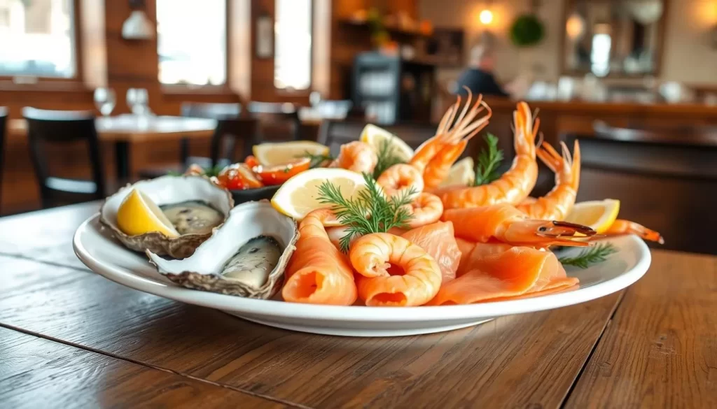 A sumptuous seafood platter on a crisp white plate, set against the warm, naturally-lit ambiance of a cozy London neighborhood restaurant. Fresh oysters, succulent prawns, and delicate slices of smoked salmon artfully arranged, garnished with vibrant lemon wedges and sprigs of dill. The mouthwatering display is set on a sturdy wooden table, its weathered surface hinting at the restaurant's authentic charm. Soft natural light filters through large windows, casting a gentle glow over the scene and inviting the viewer to savor the flavors of this local seafood gem.