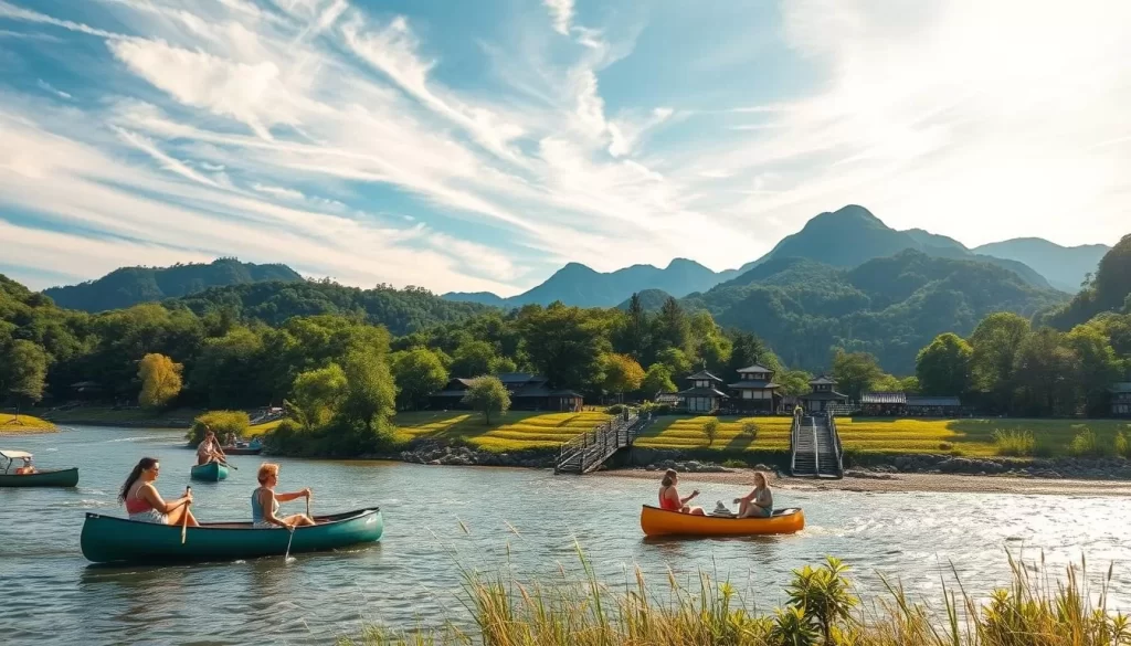 A sun-dappled afternoon in a picturesque Gifu Prefecture, Japan. In the foreground, a group of friends joyfully engage in various summer activities - canoeing down a serene river, hiking through lush green forests, and picnicking beneath towering mountains. The middle ground showcases the region's stunning natural landscapes, with rolling hills, crystal-clear lakes, and traditional Japanese architecture blending seamlessly. In the background, the sky is painted in hues of azure and wispy white clouds, creating a serene and tranquil atmosphere. The lighting is soft and warm, casting a golden glow over the entire scene. Capture the essence of a perfect summer day in Gifu Prefecture, where nature, adventure, and relaxation seamlessly coexist.