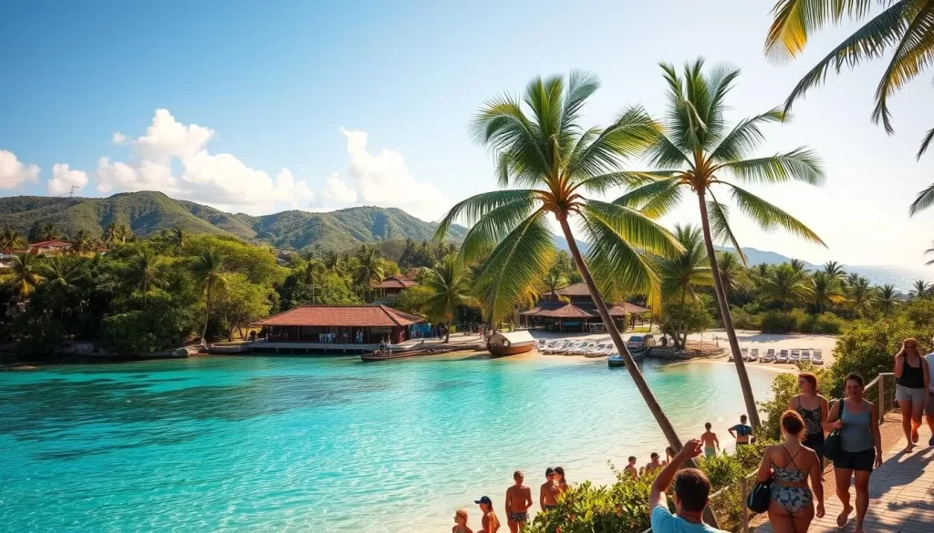 A sun-dappled beach in Okinawa, Japan, with crystal-clear turquoise waters and swaying palm trees. In the foreground, a group of tourists exploring the lush, tropical landscape, taking in the vibrant colors and natural beauty. In the middle ground, a traditional Okinawan village with red-tiled roofs and quaint shops. In the background, rolling hills and the distant, azure horizon. Capture the essence of an Okinawa adventure with soft, warm lighting, a wide-angle lens, and a sense of tranquility and discovery.