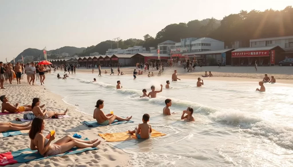 A sun-dappled beach in Tokushima Prefecture, Japan. In the foreground, people lounge on colorful towels, sipping refreshing drinks and playing in the gentle surf. The middle ground features young families splashing in the shallows, while in the background, a row of traditional Japanese beach huts and a vibrant festival with lively music and dancing. Warm lighting filters through the scene, casting a golden glow over the idyllic coastal landscape. The atmosphere is one of carefree relaxation and joyful celebration, perfectly capturing the essence of summer in Tokushima.