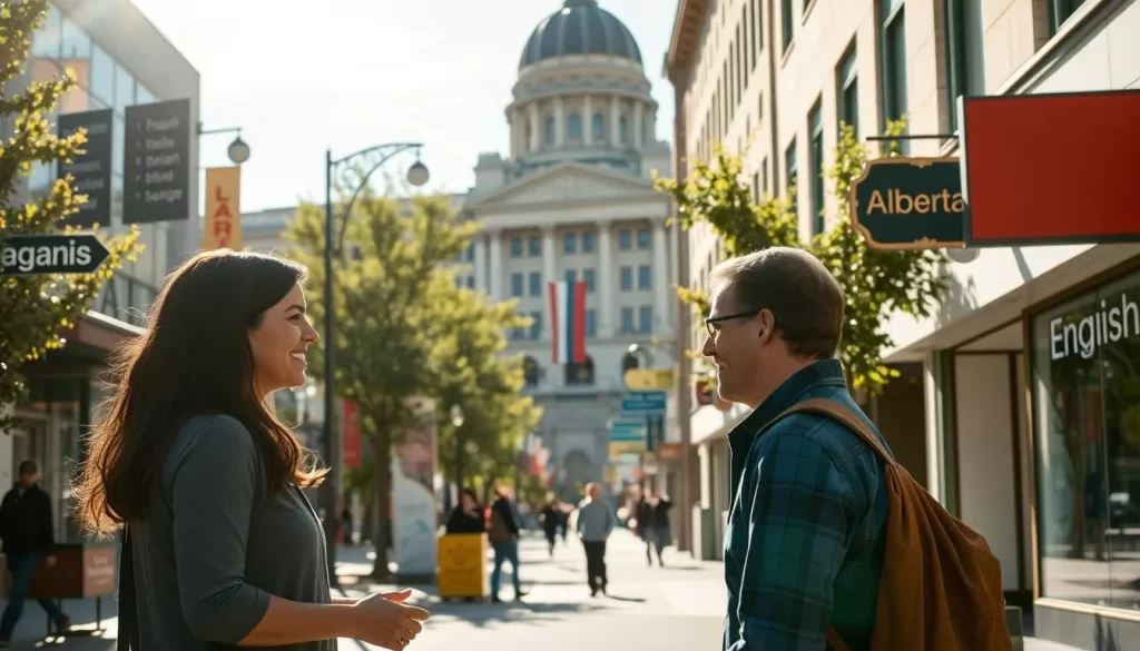 A sun-dappled city street in downtown Edmonton, Alberta. In the foreground, two people converse animatedly, their body language and facial expressions reflecting the ease of bilingual exchange. In the middle ground, a mix of English and French storefront signage indicates the vibrant multilingual nature of the neighborhood. In the background, the iconic architecture of the Alberta Legislature Building stands proud, symbolizing the province's official recognition of both languages. The scene evokes a sense of harmony and inclusion, where different linguistic communities coexist and thrive side by side.