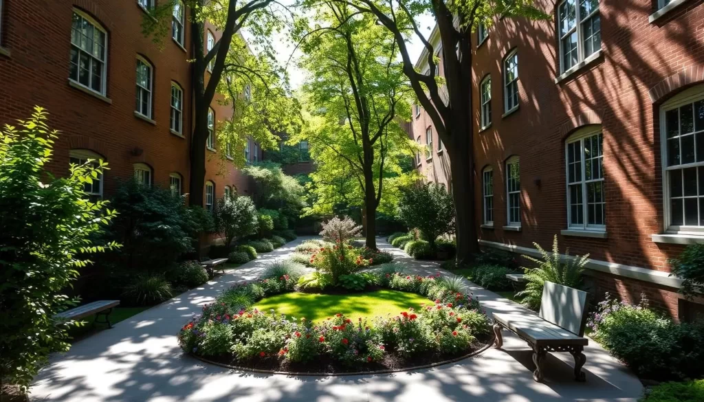 A sun-dappled courtyard at Yale, with stately brick buildings framing a peaceful garden oasis. Lush greenery and colorful flowers adorn the tranquil space, inviting visitors to pause and soak in the architectural splendor. Sunlight filters through the canopy of trees, casting warm, soft shadows across the paved walkways and stone benches. The scene exudes a timeless, scholarly ambiance, capturing the essence of Yale's renowned campus and its commitment to both academic excellence and aesthetic beauty.