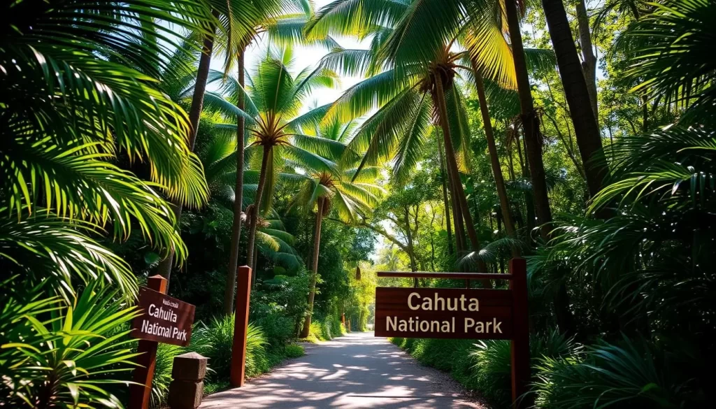 A sun-dappled entrance to Cahuita National Park, Costa Rica. The path leads through a vibrant green jungle canopy, with towering palm trees lining the way. In the foreground, a wooden sign with the park's name stands proudly. Lush vegetation frames the scene, creating a sense of tropical wonder. The lighting is warm and natural, casting a golden glow over the tranquil setting. The angle is slightly elevated, allowing for a comprehensive view of the inviting park entrance. An atmosphere of adventure and exploration pervades the scene, beckoning visitors to discover the natural treasures within.