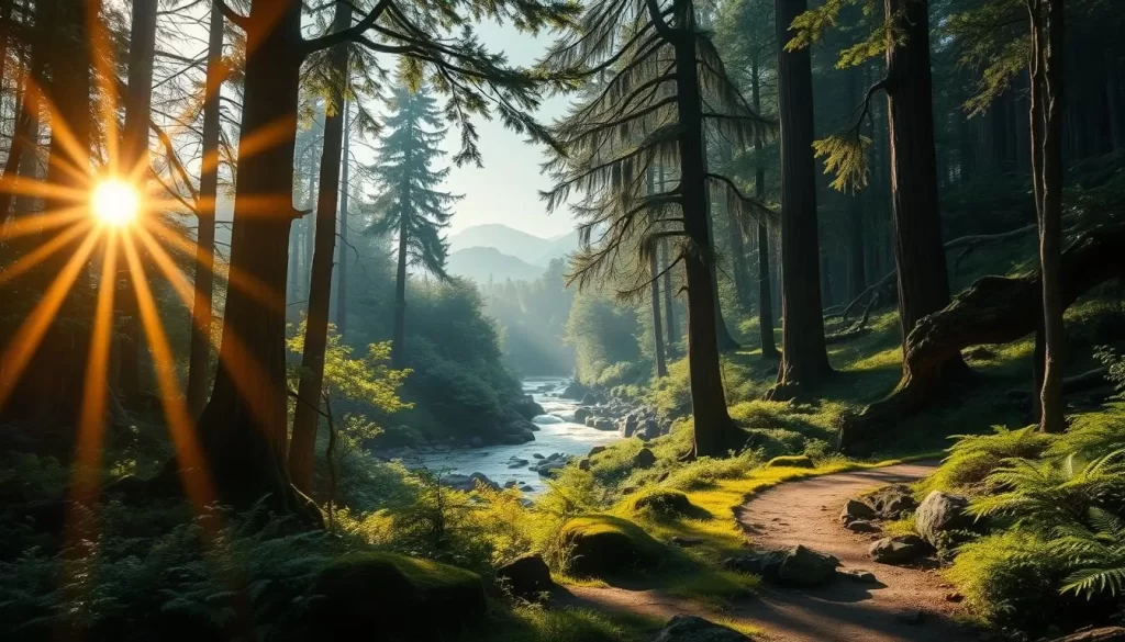 A sun-dappled forest of towering ancient cedars and lush undergrowth, where the spirits of the forest dwell. In the foreground, a winding forest trail leads into the verdant depths, with ferns and moss-covered rocks lining the path. Rays of golden light filter through the canopy, casting a warm glow over the serene, mystical scene. In the middle ground, a crystal-clear stream flows gently, its waters reflecting the surrounding foliage. The background is filled with the shadowy silhouettes of distant mountains, shrouded in mist. An atmosphere of tranquility and wonder pervades the landscape, evoking the enchanting world of Princess Mononoke.