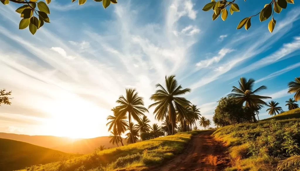 A sun-dappled landscape in Costa Rica's dry season, with rolling hills and lush, verdant vegetation in the foreground. Tall, swaying palm trees in the middle ground, casting soft shadows on the well-worn dirt path winding through the scene. In the distance, a dramatic blue sky with wispy, white clouds, creating a serene and peaceful atmosphere. Warm, golden light filters through the leaves, illuminating the scene with a natural, earthy glow. The overall composition evokes a sense of tranquility and the rustic charm of the Costa Rican countryside during the dry, peak travel season.