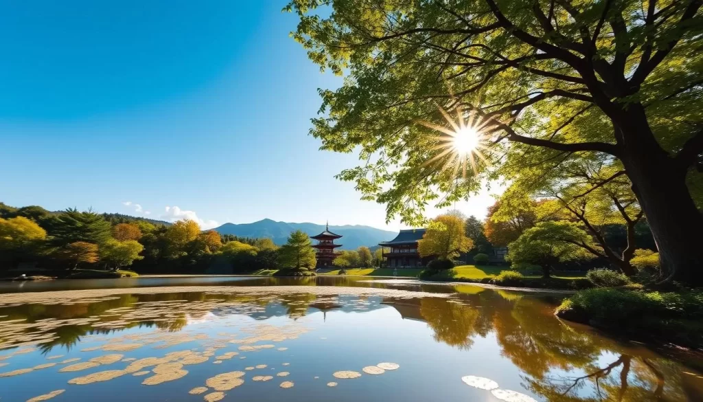 A sun-dappled landscape in Saga Prefecture, Japan, during the prime tourist season. In the foreground, a serene pond reflects the azure sky and lush greenery surrounding it. In the middle ground, traditional Japanese architecture, like a pagoda or temple, stands amidst a backdrop of rolling hills and distant mountains. The lighting is warm and golden, casting a soft, inviting glow over the entire scene. The atmosphere is peaceful, tranquil, and evocative of the best time to visit this picturesque region - when the weather is mild, the scenery is vibrant, and the serenity of the landscape is at its most captivating.