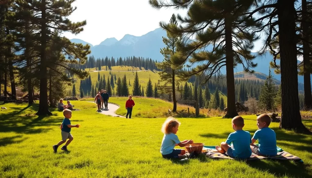 A sun-dappled meadow in West Yellowstone, families enjoying a picnic beneath towering pines. In the foreground, children play catch, their laughter echoing over the lush grass. In the middle ground, hikers explore a winding trail, taking in views of the distant mountains. The background is framed by majestic peaks, their snow-capped summits glowing in the warm afternoon light. The scene exudes a sense of tranquility and wonder, capturing the essence of family-friendly outdoor adventures in this stunning natural setting.