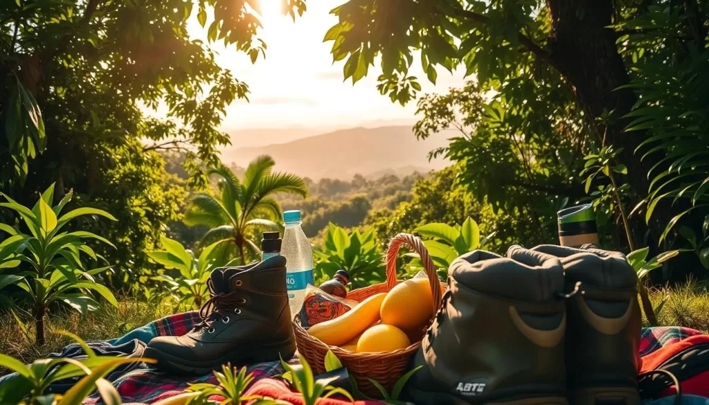 A sun-dappled picnic scene in a lush Costa Rican jungle. In the foreground, a vibrant patchwork of hiking gear and adventure essentials - sturdy hiking boots, a packable rain jacket, bug spray, and a reusable water bottle. In the middle ground, a woven basket overflows with tropical fruits and snacks. Behind, the dense canopy of verdant foliage parts to reveal a glimpse of distant mountains, framed by wispy clouds and a warm, golden sky. Diffused natural light bathes the entire scene in a serene, tranquil glow, creating an atmosphere of preparedness and anticipation for a journey through Costa Rica's enchanting landscapes.