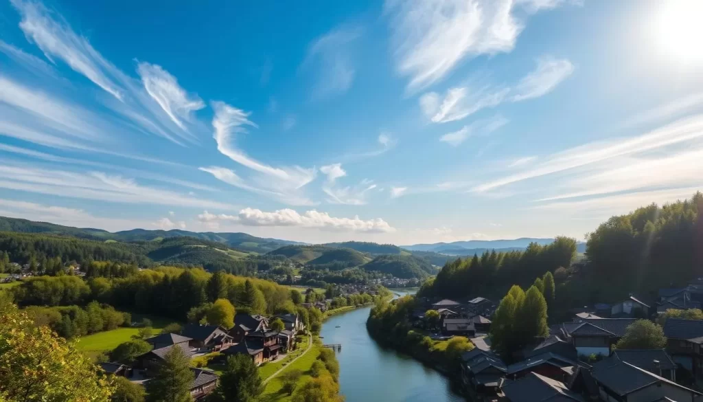 A sun-dappled scene of Fukushima's verdant countryside, with rolling hills and lush forests in the distance. In the foreground, a picturesque village nestled along a winding river, its traditional tiled roofs and wooden structures basking in the warm glow of the afternoon light. Wispy clouds drift across a bright, azure sky, casting gentle shadows over the tranquil landscape. The composition is balanced, with the river acting as a natural leading line, guiding the viewer's eye towards the scenic vistas beyond. The overall mood is one of serenity and natural beauty, reflecting the temperate climate and mild weather that characterize Fukushima's idyllic setting.