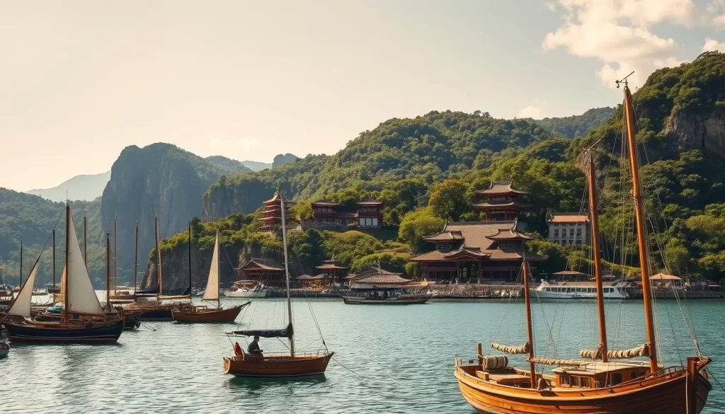 A sun-dappled scene of the Satsunan Islands, Japan, rich in history and cultural heritage. In the foreground, a tranquil harbor bustles with traditional wooden boats, their sails catching the gentle breeze. Towering cliffs and lush, verdant hills rise in the middle ground, hinting at the islands' rugged terrain. In the background, ancient temples and shrines peek out from the verdant landscape, their timeless structures a testament to the islands' enduring legacy. Warm, golden light bathes the scene, evoking a sense of timelessness and serenity. A wide-angle lens captures the sweeping panorama, inviting the viewer to immerse themselves in the captivating history of this remarkable archipelago.