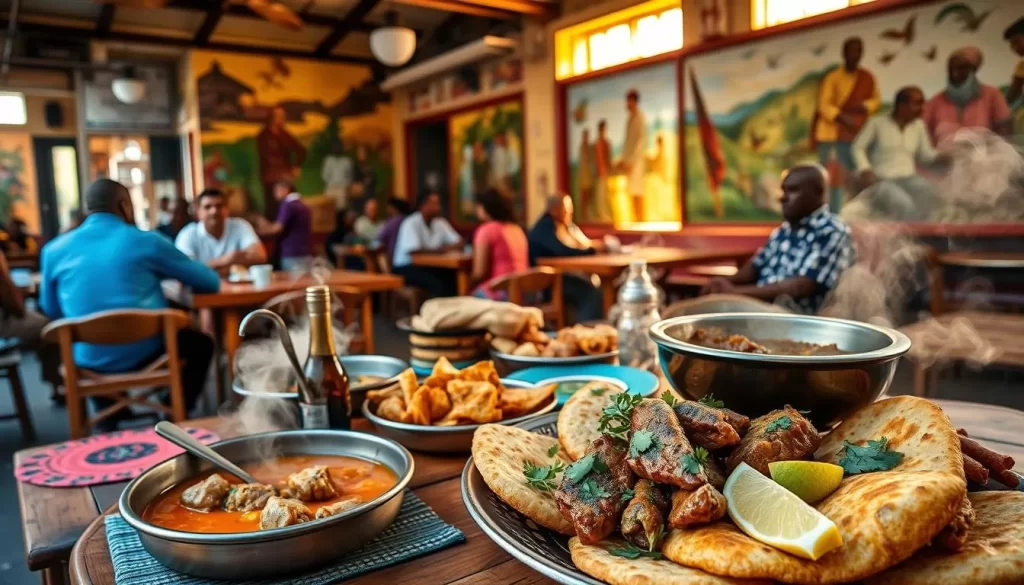 A sun-dappled sidewalk café in the heart of Mogadishu, Somalia. Wooden tables adorned with colorful woven placemats and traditional ceramic dishware. Aromatic steam rises from sizzling stews, fragrant with cumin, cardamom, and turmeric. In the foreground, a platter of savory meat sambusas and crisp flatbreads, garnished with fresh cilantro and lemon wedges. Beyond, vibrant murals depicting Somali culture and history line the walls, bathed in warm, golden light filtering through large windows. Patrons converse animatedly, immersed in the lively atmosphere of an authentic Somali dining experience.