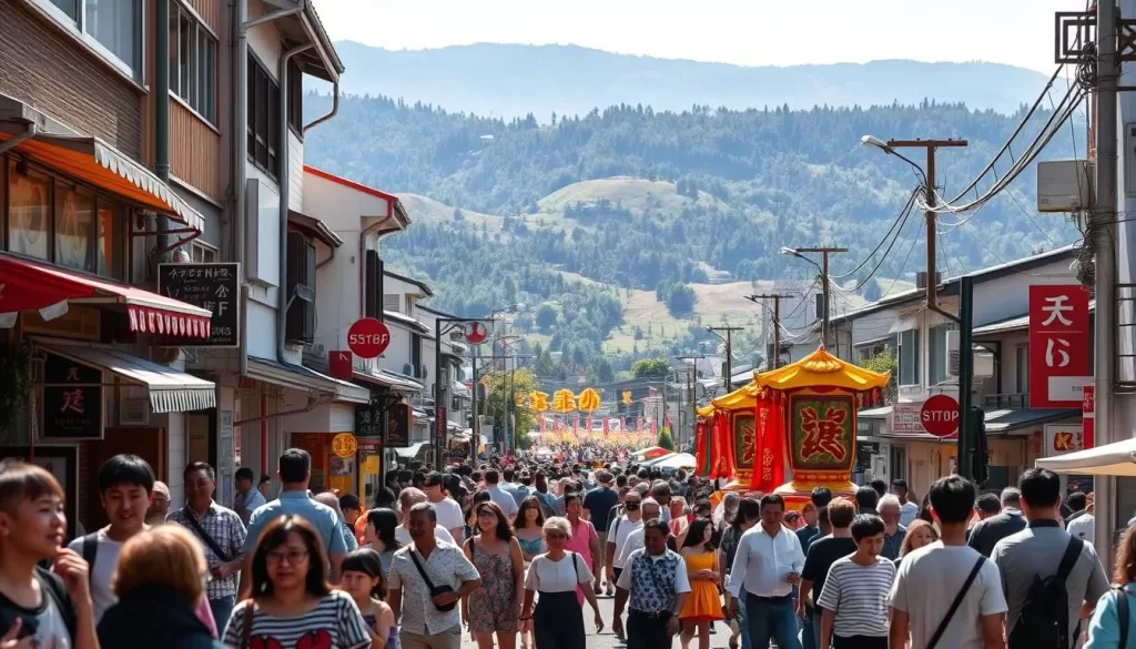 A sun-dappled street in Miyagi Prefecture during the vibrant Golden Week festivities. In the foreground, crowds of people stroll past colorful storefronts and street vendors, their laughter and chatter filling the air. Mid-ground, a traditional festival parade winds its way through the streets, the performers' vibrant costumes and rhythmic drums creating an energetic atmosphere. In the background, the rolling hills and forests of the Tōhoku region provide a serene natural backdrop, bathed in the warm glow of the afternoon sun. The scene captures the essence of this peak tourist period, with a perfect balance of cultural celebration and natural beauty.