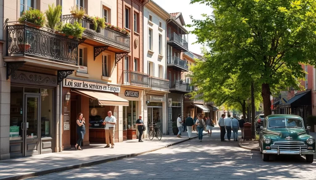 A sun-dappled streetscape in a quaint French-Canadian town, the "Loi sur les services en français" emblazoned on a charming storefront. Ornate wrought-iron balconies and cobblestone streets create an Old World ambiance, while local residents chat animatedly in the native tongue. A vintage car idles by, its chrome glinting in the warm afternoon light. Lush trees sway gently, their verdant foliage framing the scene. The overall mood is one of cultural heritage, linguistic tradition, and a vibrant community embracing its Francophone identity.