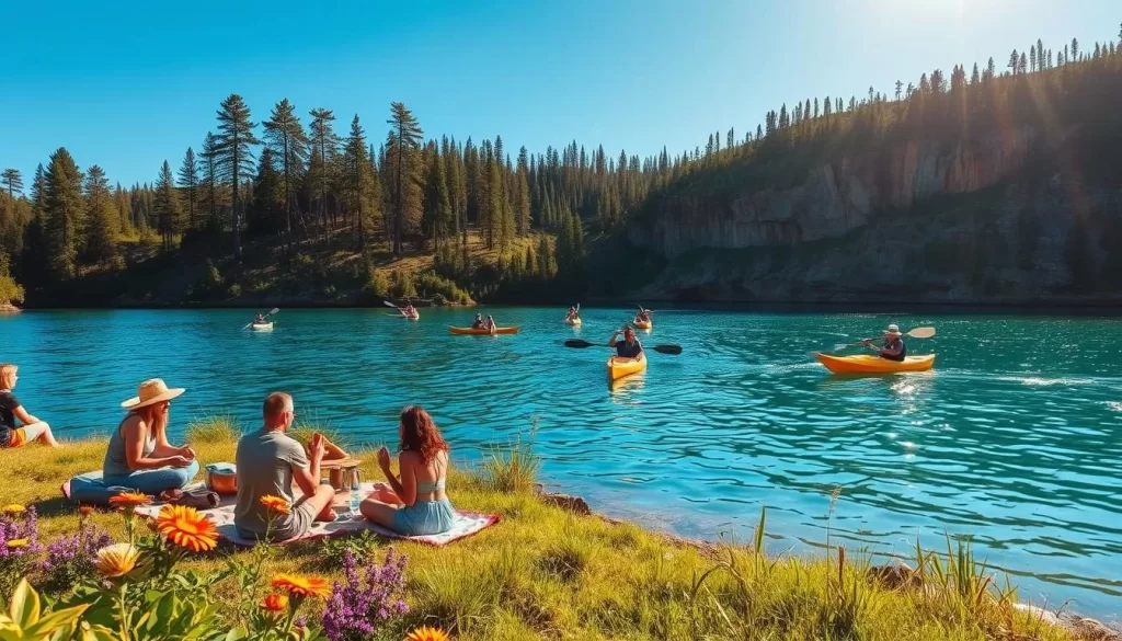A sun-dappled summer day at Falcon Lake, Manitoba. In the foreground, a group of friends enjoy a picnic on the grassy shore, surrounded by vibrant wildflowers. In the middle ground, kayakers glide across the serene, azure waters, their paddles creating gentle ripples. In the background, towering pines and rugged cliffs frame the scene, casting warm, soft shadows. The atmosphere is one of tranquility and adventure, inviting visitors to immerse themselves in the natural beauty of this idyllic setting.