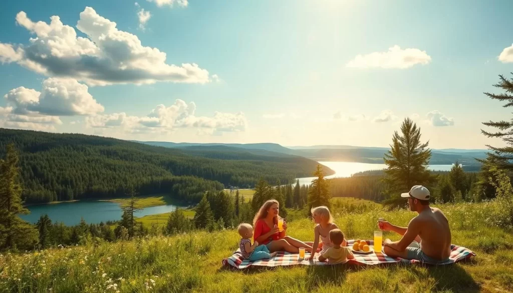 A sun-dappled summer day in the heart of Canada, with lush green forests and sparkling azure lakes. Fluffy white clouds drift overhead, casting gentle shadows upon the rolling hills and wildflower meadows below. In the foreground, a family picnics on a checkered blanket, sipping lemonade and laughing. Warm golden rays filter through the trees, illuminating the scene with a nostalgic, timeless glow. The atmosphere is one of tranquility and contentment, a quintessential Canadian summer idyll.