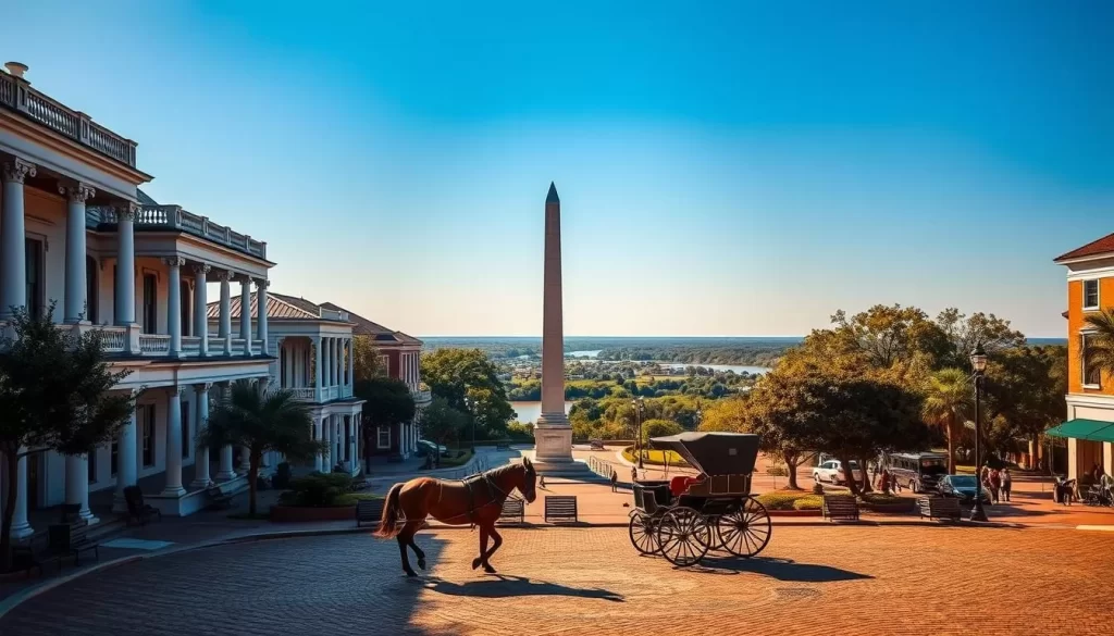 A sun-dappled town square in Natchez, Louisiana, where history comes alive. Elegant antebellum mansions line the streets, their white columns and intricate architectural details casting long shadows over the cobblestoned plaza. In the foreground, a horse-drawn carriage clip-clops by, transporting visitors back in time. The mid-ground features a towering obelisk monument, its polished granite reflecting the azure sky above. In the distance, the mighty Mississippi River winds through the lush, verdant landscape, a constant reminder of the region's storied past. Warm, golden lighting bathes the scene, evoking a sense of timeless charm and Southern hospitality.