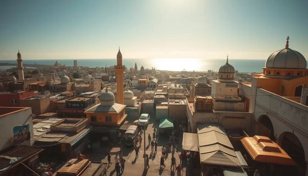 A sun-drenched Mogadishu cityscape, its skyline punctuated by towering minarets and bustling markets. In the foreground, vibrant streets teem with life - local vendors hawk their wares, children play, and the sound of laughter and chatter fills the air. The middle ground reveals intricate architectural details, with whitewashed buildings and domed roofs reflecting the warm, golden light. In the distance, the azure Indian Ocean glimmers, framing the city's resilient spirit. Capture the city's essence through a wide-angle lens, showcasing Mogadishu's unique blend of modernity and timeless charm on a picturesque day.