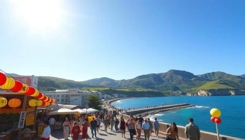 A sun-drenched afternoon in a vibrant coastal town in Kōchi Prefecture, Japan. In the foreground, a lively festival with colorful paper lanterns, dancers in traditional garments, and the aroma of sizzling street food. In the middle ground, people strolling along a seaside promenade, gazing at the sparkling azure waters. In the background, rugged cliffs and lush, verdant hills frame the scene, creating a picturesque and serene atmosphere. The warm, golden light bathes the entire landscape, evoking a sense of joy and adventure. Capture the essence of a perfect summer day, where the vibrancy of cultural celebrations and the tranquility of the coast effortlessly coexist.