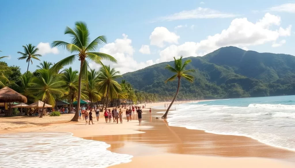 A sun-drenched beach in Puerto Viejo, Costa Rica on a breezy afternoon. Gentle waves lap against the golden sand as palm trees sway in the warm breeze. In the middle ground, a group of locals and tourists mingle, enjoying the laidback Caribbean atmosphere. In the distance, lush green hills rise up, creating a picturesque backdrop. The lighting is soft and natural, casting a warm glow over the scene. The camera angle is slightly elevated, capturing the expansive vista and conveying a sense of tranquility and relaxation. Overall, the image evokes the idyllic, carefree vibe of this coastal town.