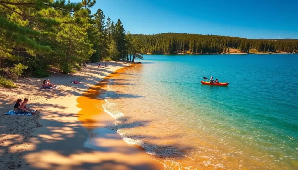A sun-drenched beach on the shores of Brereton Lake, Manitoba, Canada. Soft golden sand extends towards glistening turquoise waters, framed by a dense forest of lush green pines. Families relax on colorful beach towels, children play in the gentle waves. Warm sunlight filters through the trees, casting a serene, natural glow over the idyllic scene. A lone kayak glides across the calm surface, its bright hull reflecting the tranquil surroundings. In the distance, rolling hills and a clear blue sky complete the picturesque landscape of this hidden gem.