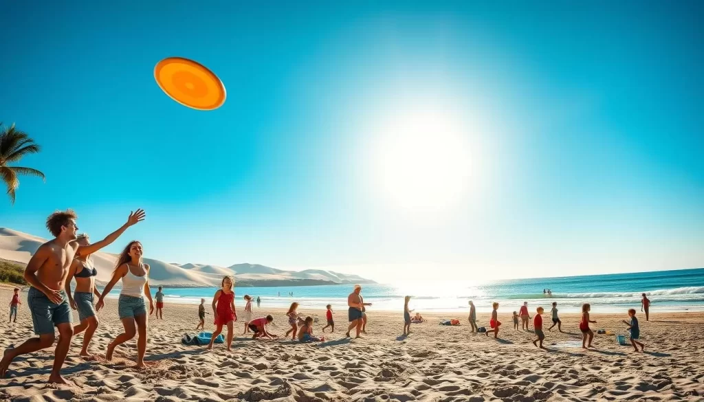 A sun-drenched beach scene with people enjoying a variety of summertime activities. In the foreground, a group of friends tossing a frisbee, their laughter and joy captured in vibrant detail. In the middle ground, families building sandcastles and children paddling in the gentle waves. The background showcases a panoramic vista of the Manitoba coastline, with rolling dunes and swaying palm trees silhouetted against a cloudless azure sky. The entire scene is bathed in a warm, golden glow, creating a serene and inviting atmosphere. Captured with a wide-angle lens to emphasize the expansive, picturesque setting.