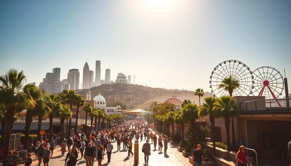 A sun-drenched cityscape showcasing the vibrant free attractions of Los Angeles. In the foreground, a bustling crowd strolls along the iconic Hollywood Walk of Fame, with its gleaming stars and sidewalks lined with palm trees. In the middle ground, the towering skyscrapers of downtown LA rise against a clear blue sky, with the historic Griffith Observatory perched atop a hill. In the distance, the Santa Monica Pier stands proudly, its Ferris wheel and rollercoaster silhouetted against the horizon. The scene is bathed in warm, golden light, capturing the energy and excitement of exploring LA's incredible array of complimentary attractions.