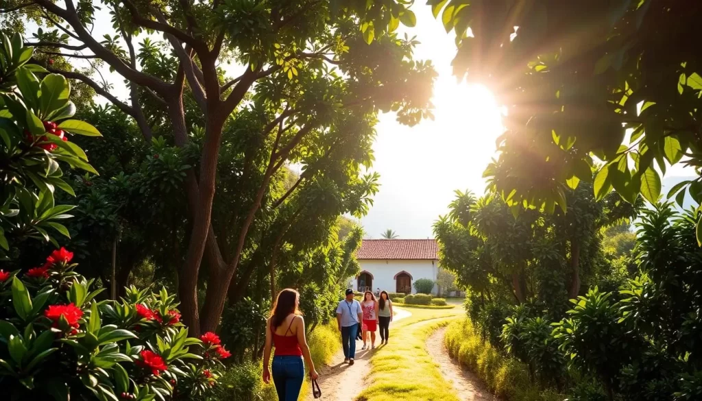 A sun-drenched coffee plantation in the Guatemalan highlands, lush foliage and vibrant blooms framing a meandering path. Visitors stroll amidst towering coffee trees, learning about the intricate process from bean to brew. In the distance, a traditional hacienda with terracotta tiles and whitewashed walls. Soft natural lighting filters through the canopy, casting a warm, inviting glow. A sense of tranquility and cultural immersion permeates the scene, capturing the essence of a memorable coffee tour experience in Guatemala.