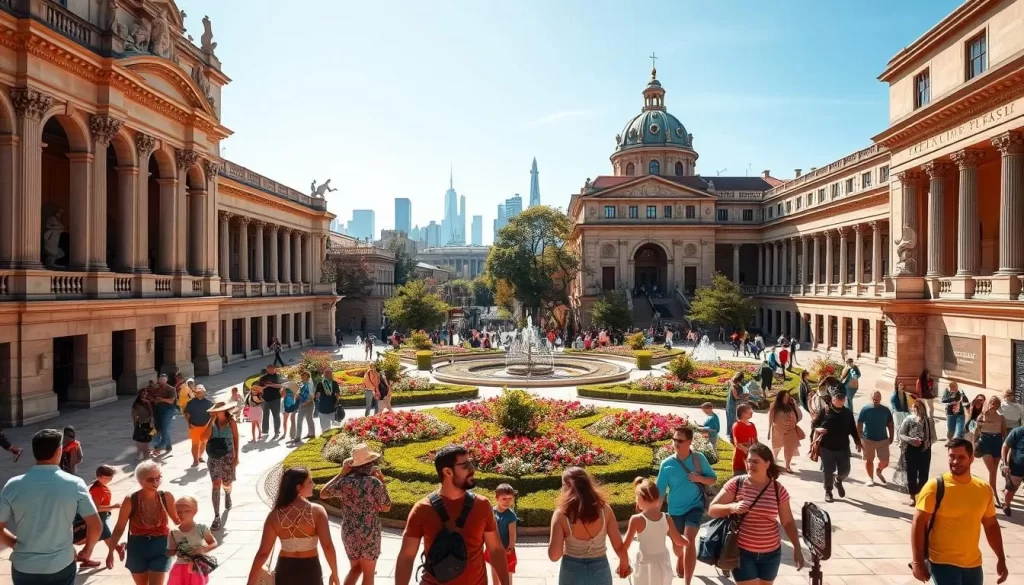 A sun-drenched courtyard, framed by the grand facade of a museum, bustles with visitors exploring the free admission day. In the foreground, families and groups meander, gazing up at the ornate architecture and sculptures that adorn the building. The middle ground features a lush garden with vibrant flora, inviting visitors to pause and enjoy the tranquil ambiance. In the background, the city skyline peeks through, hinting at the cultural richness of the surrounding neighborhood. The scene is bathed in warm, natural lighting, creating a inviting and welcoming atmosphere for all to enjoy the museum's offerings without cost.