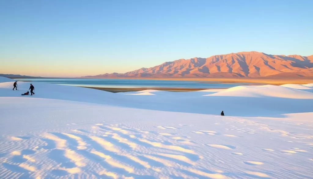 A sun-drenched landscape of pristine white sand dunes stretches out in the foreground, with people hiking, sandboarding, and playing in the soft, powdery terrain. In the middle ground, a picturesque lake reflects the clear blue sky and distant mountains, creating a serene, tranquil atmosphere. The background features a majestic mountain range bathed in warm, golden light, casting long shadows across the undulating sand. The scene is captured with a wide-angle lens, emphasizing the vast, open expanse and the sense of scale and wonder of this natural wonder. The overall mood is one of adventure, relaxation, and appreciation for the beauty of the natural world.